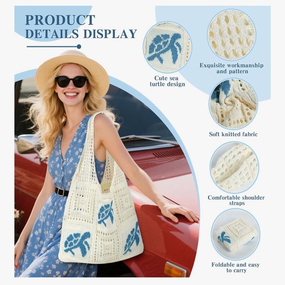 🆕 Crochet Tote Bag for Women, Aesthetic Crochet Mesh Beach Tote Bag, - Picture 2 of 9
